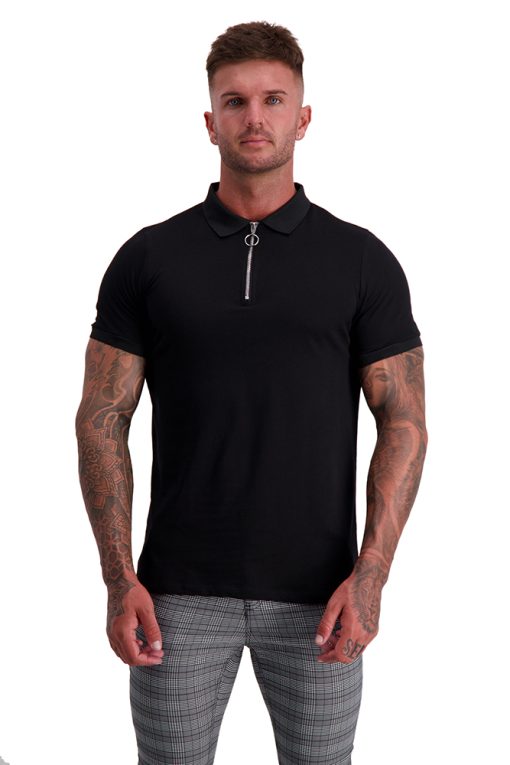 MUSCLE FIT BLACK ZIP POLO front