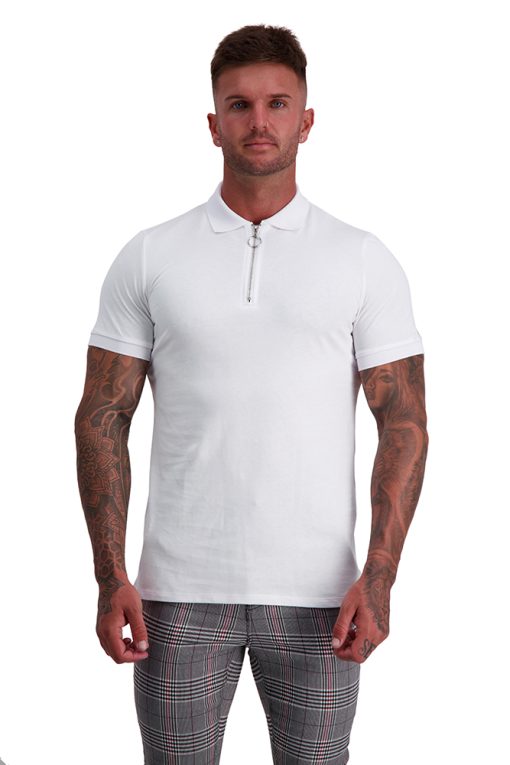 MUSCLE FIT WHITE ZIP POLO front