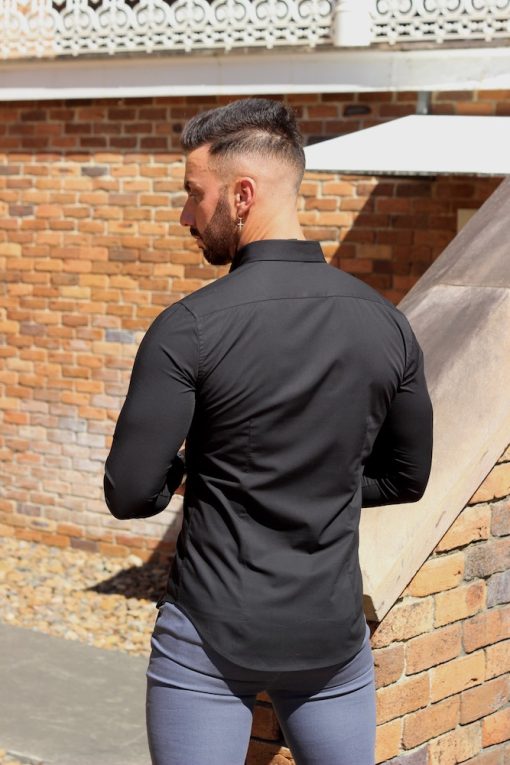 Black Regular Muscle Fit Button Up Shirt Back