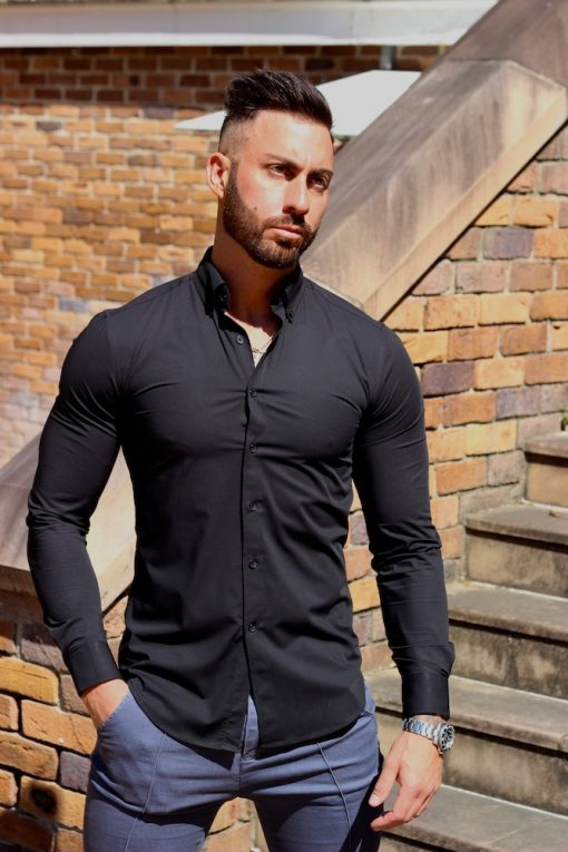 Black Regular Muscle Fit Button Up Shirt Front