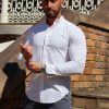 White Grandad Muscle Fit Button Up Shirt Front