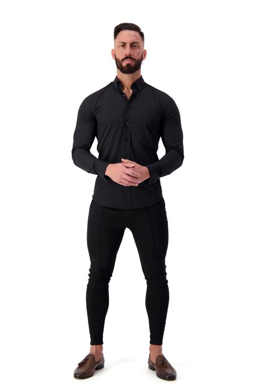 AG19 Muscle Fit Button Up Shirt – Ultra Stretch Bamboo (Black) – Regular Collar – Long Sleeve Full Body