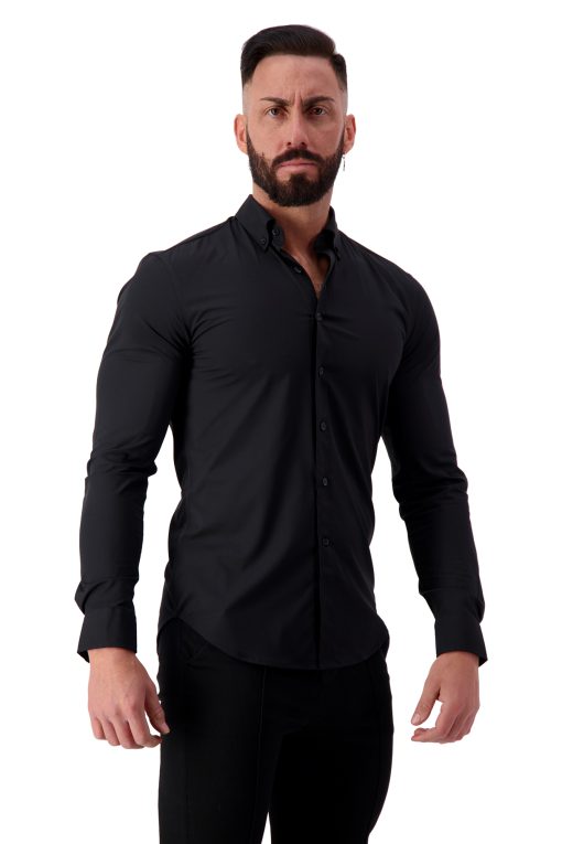 AG19 Muscle Fit Button Up Shirt – Ultra Stretch Bamboo (Black) – Regular Collar – Long Sleeve Side 2