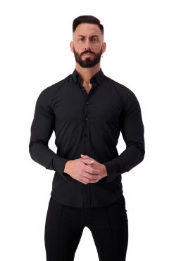AG19 Muscle Fit Button Up Shirt – Ultra Stretch Bamboo (Black) – Regular Collar – Long Sleeve Front