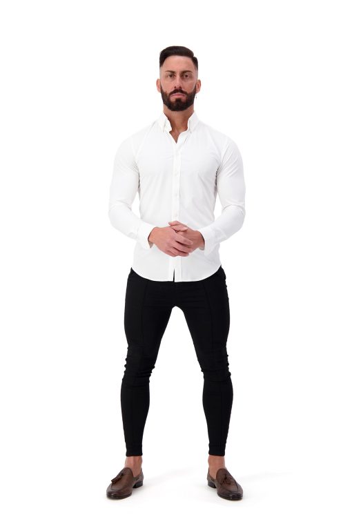 AG20 Muscle Fit Button Up Shirt – Ultra Stretch Bamboo (White) – Regular Collar – Long Sleeve Full Body