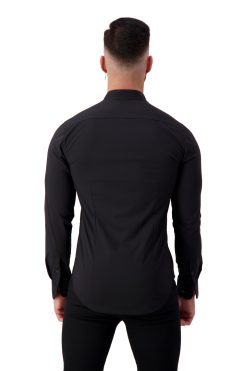 AG21 Muscle Fit Button Up Shirt – Ultra Stretch Bamboo (Black) – Grandad Collar – Long Sleeve Back