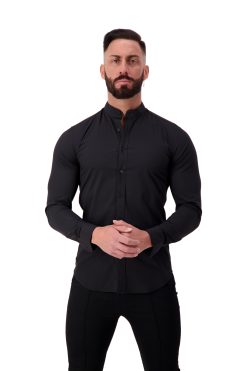 AG21 Muscle Fit Button Up Shirt – Ultra Stretch Bamboo (Black) – Grandad Collar – Long Sleeve Front