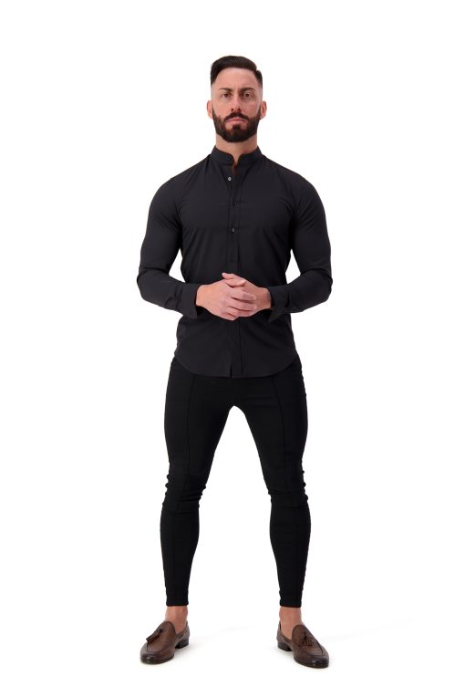 AG21 Muscle Fit Button Up Shirt – Ultra Stretch Bamboo Black – Grandad Collar – Long Sleeve Full Body