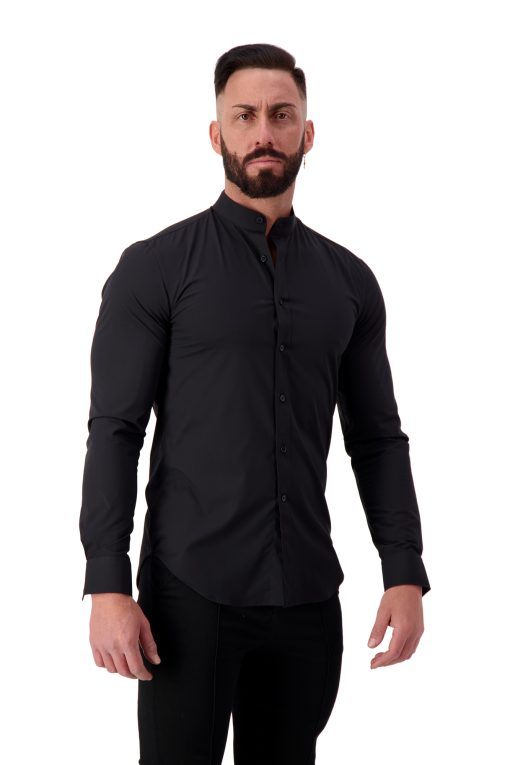 AG21 Muscle Fit Button Up Shirt – Ultra Stretch Bamboo (Black) – Grandad Collar – Long Sleeve Side 2