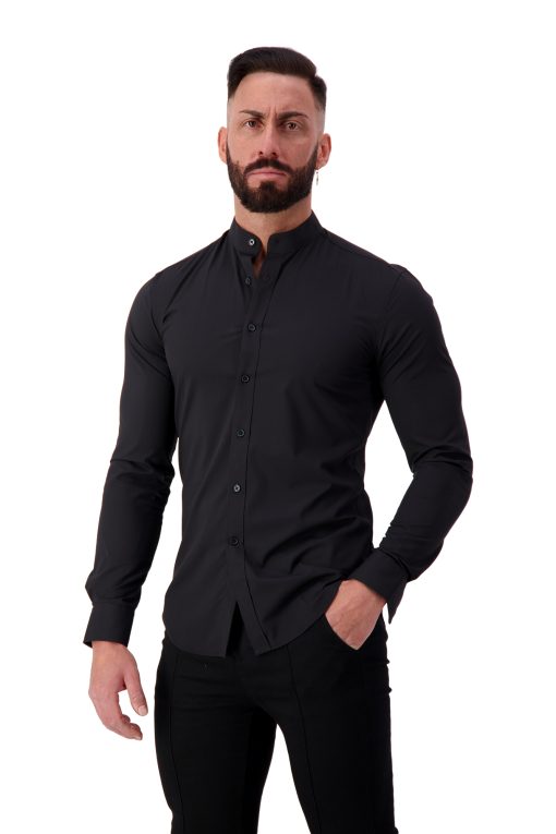AG21 Muscle Fit Button Up Shirt – Ultra Stretch Bamboo Black – Grandad Collar – Long Sleeve Side