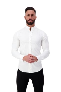 AG22 Muscle Fit Button Up Shirt – Ultra Stretch Bamboo (White) – Grandad Collar – Long Sleeve Front