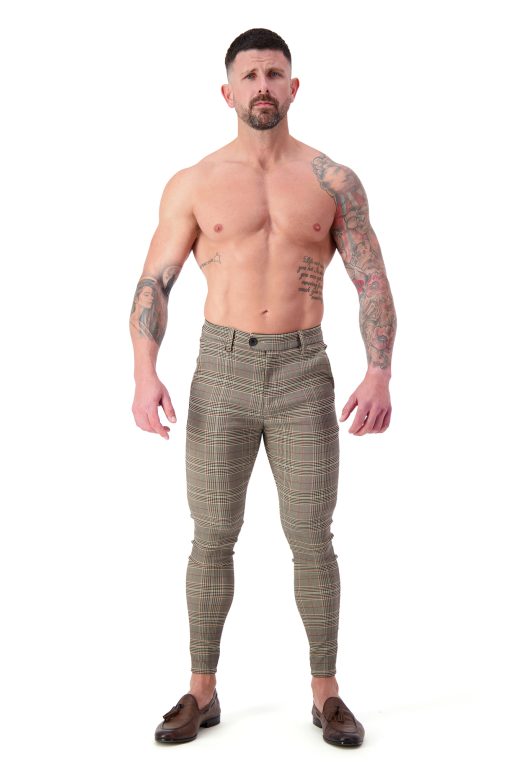 AG28 Muscle Fit Trousers – Brown Black Red Check Full Body