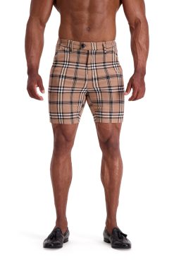 AG30 Muscle Fit Trouser Shorts – Beige Black White Check Front