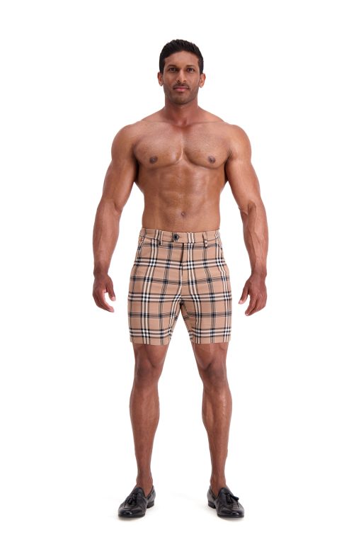 AG30 Muscle Fit Trouser Shorts – Beige Black White Check Full Body