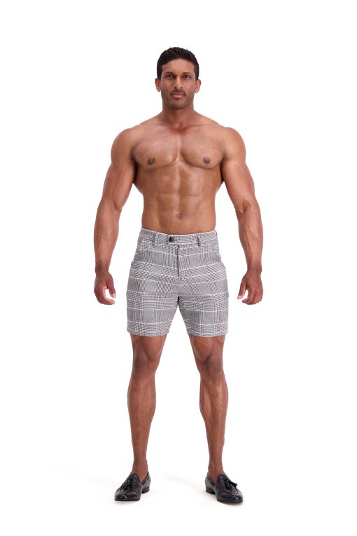 AG32 Muscle Fit Trouser Shorts – Grey Black White Houndstooth Check Full Body