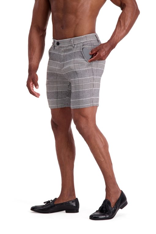 AG32 Muscle Fit Trouser Shorts – Grey Black White Houndstooth Check Side